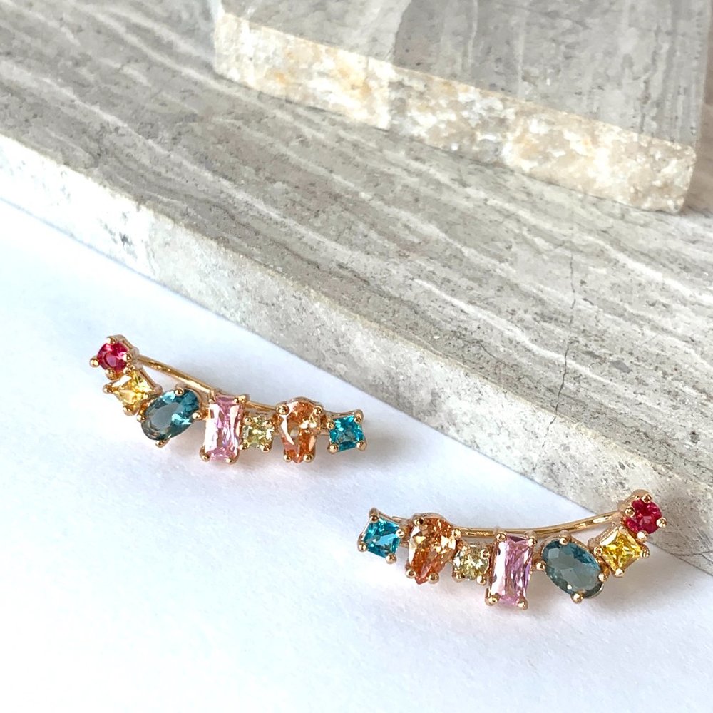 NEW~ Anthropologie Rainbow Stone Crawler Earrings - Picture 9 of 12